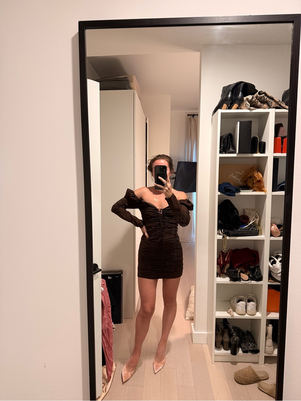 Zara Chocolate Brown Off-Shoulder Ruched Mini Dress